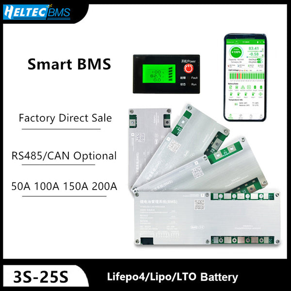 Heltec Smart BMS 4S LiFePo4 12V 24V 48V 50A 100A 200A Li-Ion LTO 4S 8S 10S 12S 13S 16S 24S bms balance bluetooth APP LCD RS485